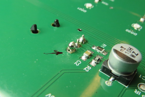 Solder attached to McIntosh C2700 IR sensor, but failed to flow to the plated through hole