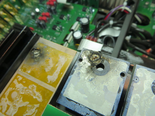 Power transistor arced through the thermal tape, shorting to the heatsink